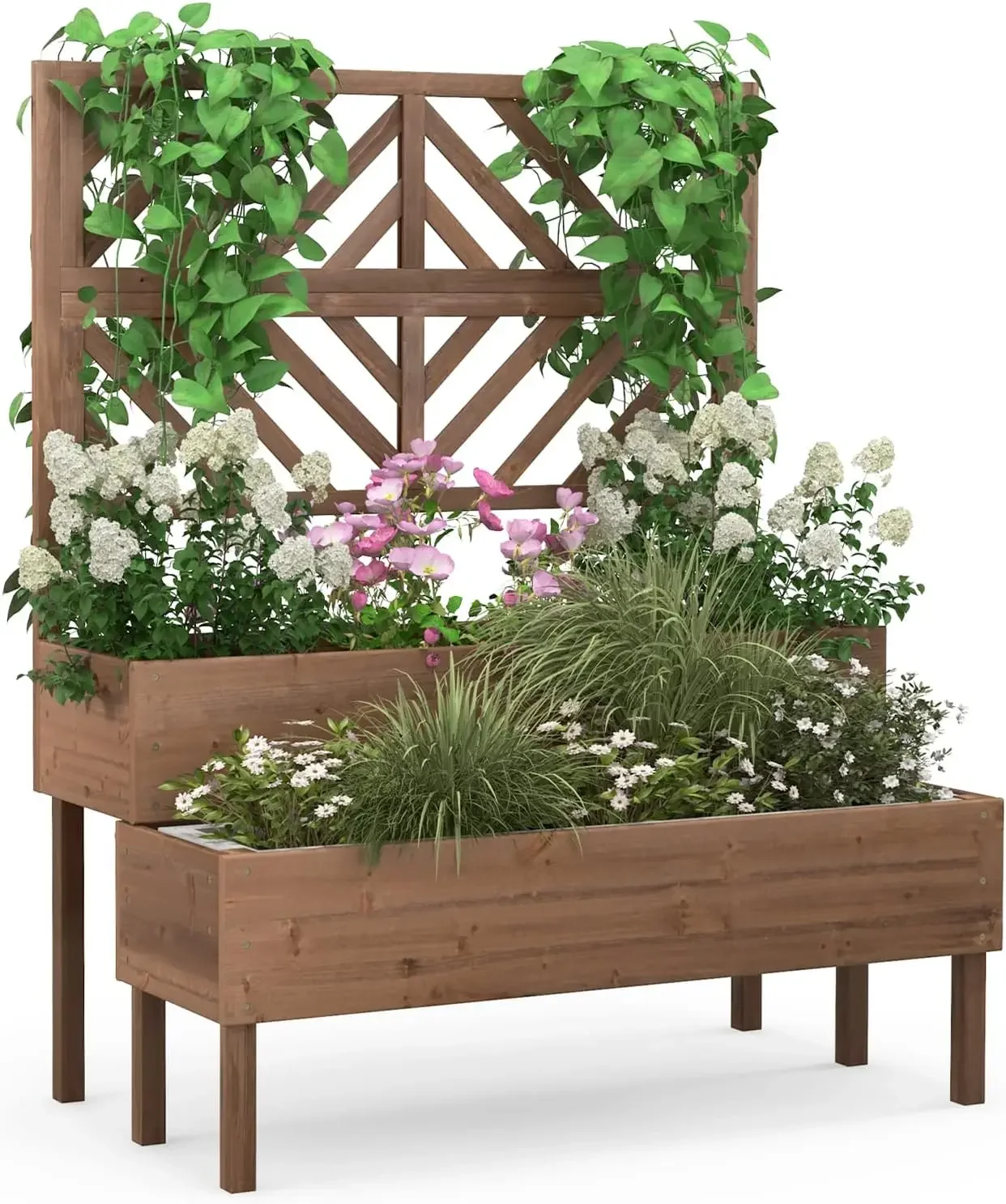 Raised Garden Bed with Trellis 2-Tier Wooden Planter Box with Legs and Drain Holes Garden Trellis for Vine Fruit