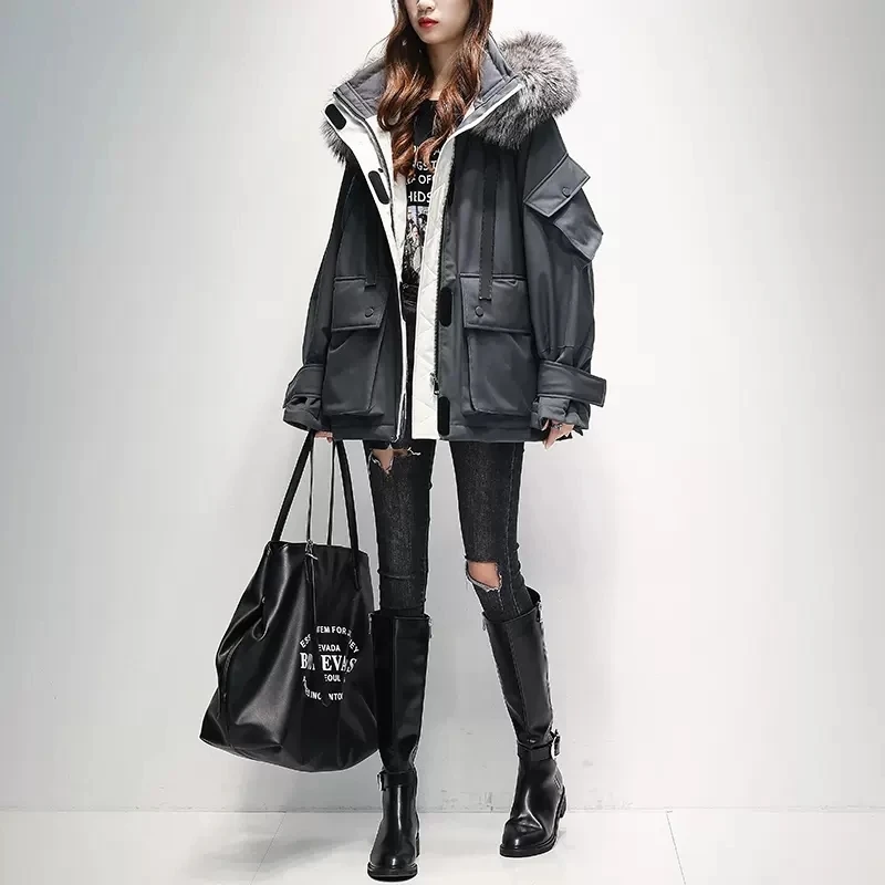 Women 2023 Winter Fashion Korean Loose Hooded Overcoats Female Big Fox Fur Collar Jackets Ladies 90% White Duck Down Hooded Coat