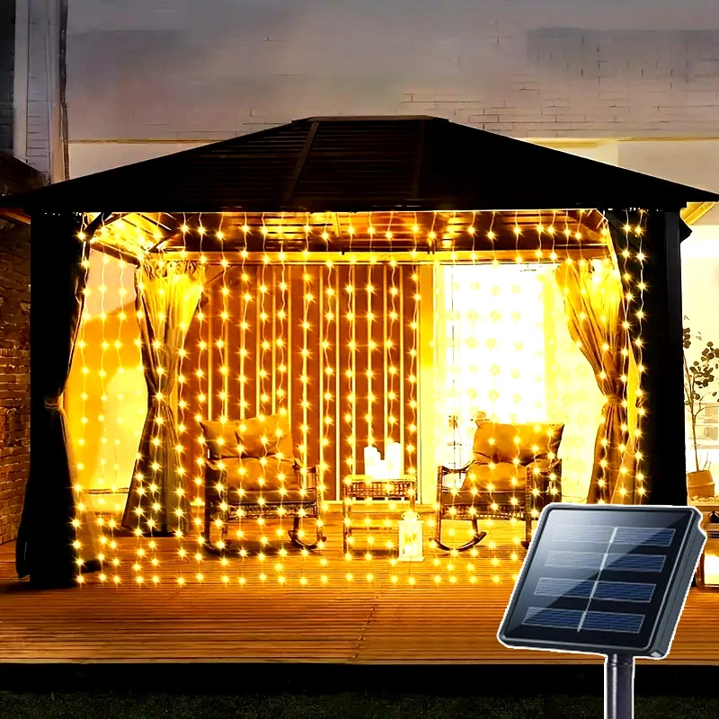 8つのモードを備えたソーラーカーテン、クリスマス、結婚式、パーティーの装飾用のフェアリーテイルライト、屋外ガーデンストリングライト、窓やパティオ用