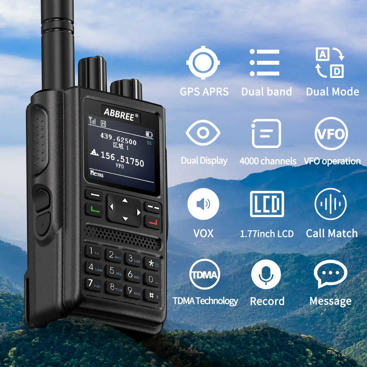 ABBREE DM-F8 GPS APRS Walkie Talkie DMR Dual Band UHF VHF 4000 kanalen Lange afstand High Power Type-C oplader VOX tweewegradio