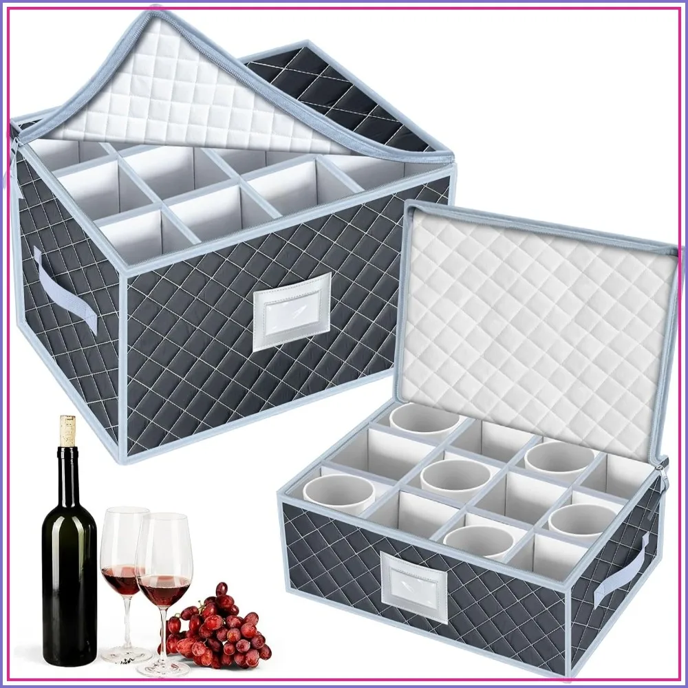 Wine Glass and Mug Storage Box Organizer with Dividers