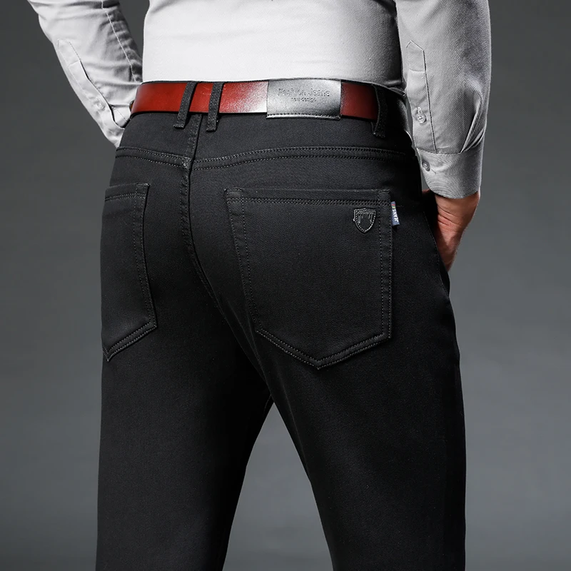 2026 Winter Men's Slim Straight Black Micro-elastic Jeans Fleece Thick Warm High Waist Business Casual Large Size Denim Trousers