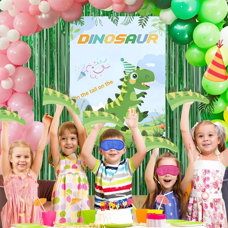 1set Cartoon Dinosaur Poster Blindfolds Tail Stickers Funny Pin The Tail On The Dinosaur Kids Themed Birthday Party DIY Game