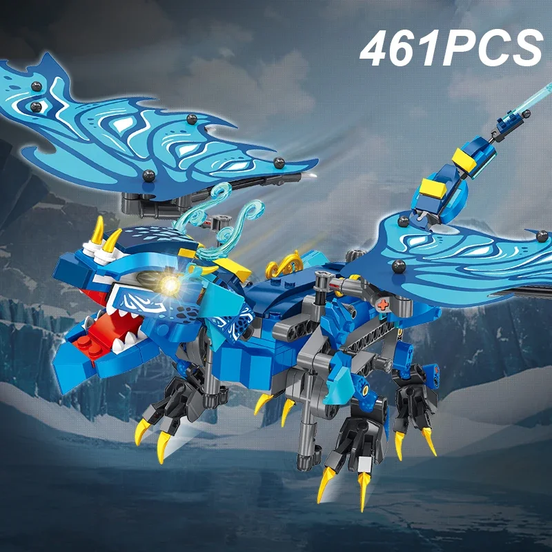 461PCS Blue Flying Dragon Building Blocks Prehistoric Water Dragon Animal Model Bricks Desktop Display Kids Toys Holiday Gifts