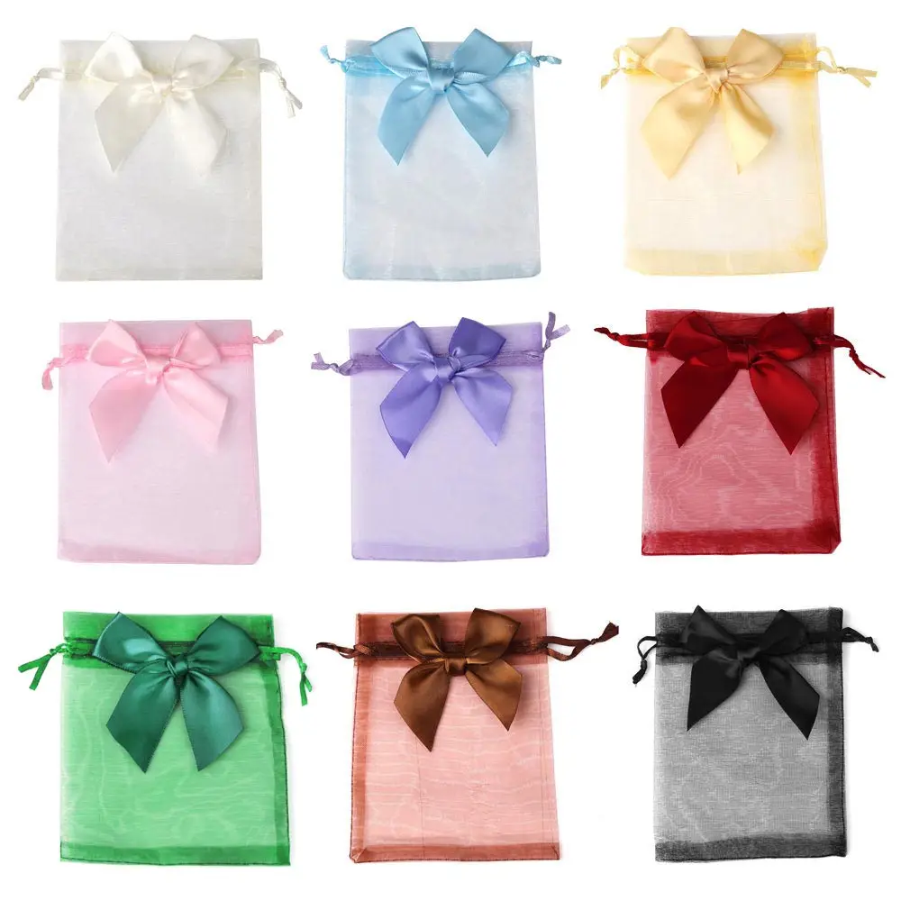 10 sztuk/partia 10x15cm Bowknot Organza Mesh torby ze sznurkiem cukierki ślubne prezenty torba do przechowywania woreczki kolczyk torba do pakowania biżuterii