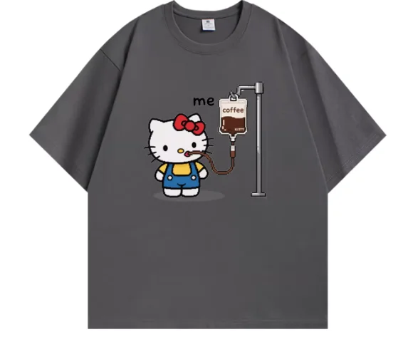 Miniso 2026 ハローキティ コーヒー プリント カップル Tシャツ カジュアル ルーズ ラウンドネック 半袖 ファッショナブル ストリートウェア 衣類 トップ