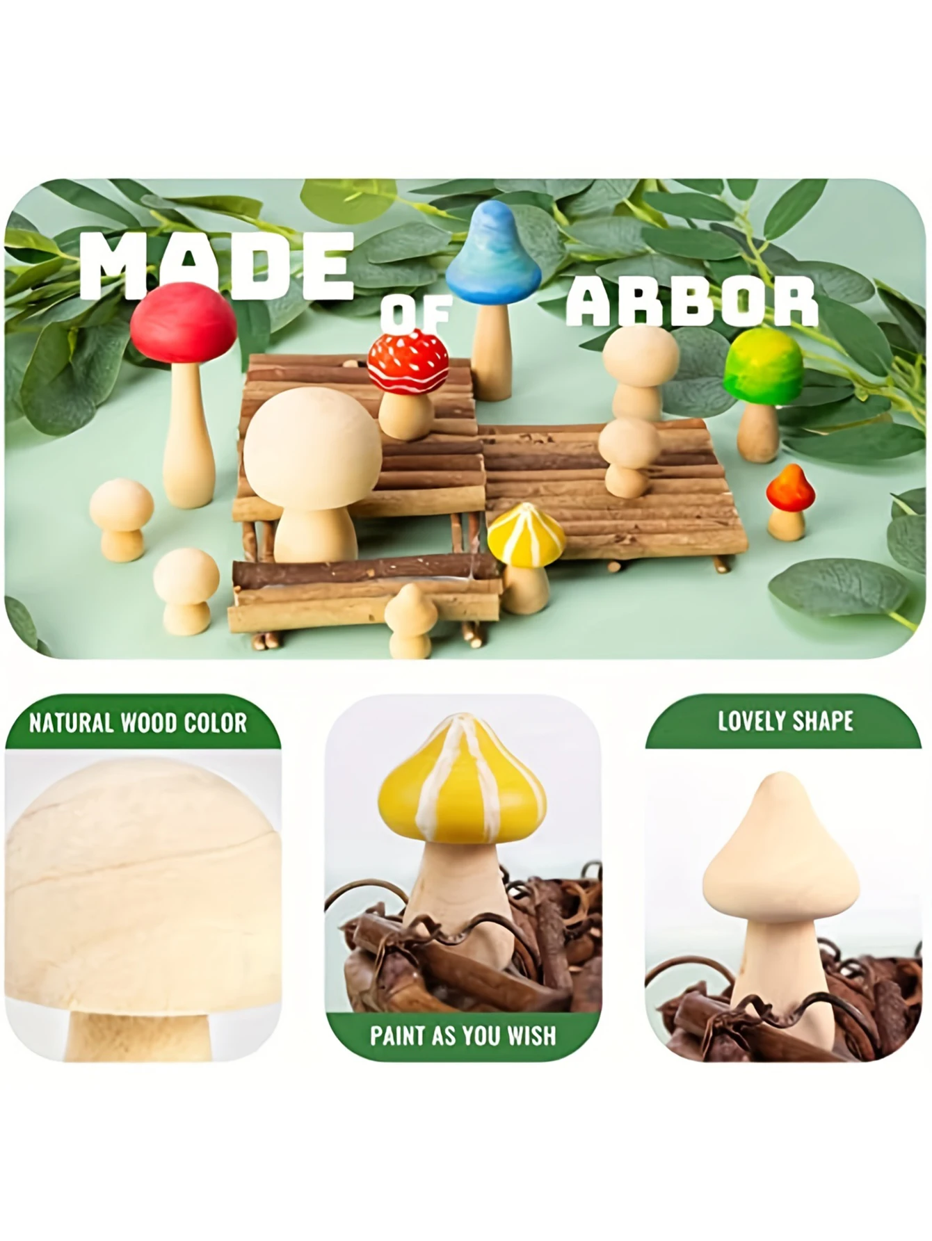 6Pcs Unfinished Wooden Mushroom 6 Sizes of Natural Wooden Mushrooms for Arts Crafts Projects Decoration Valentine DIY Ornaments