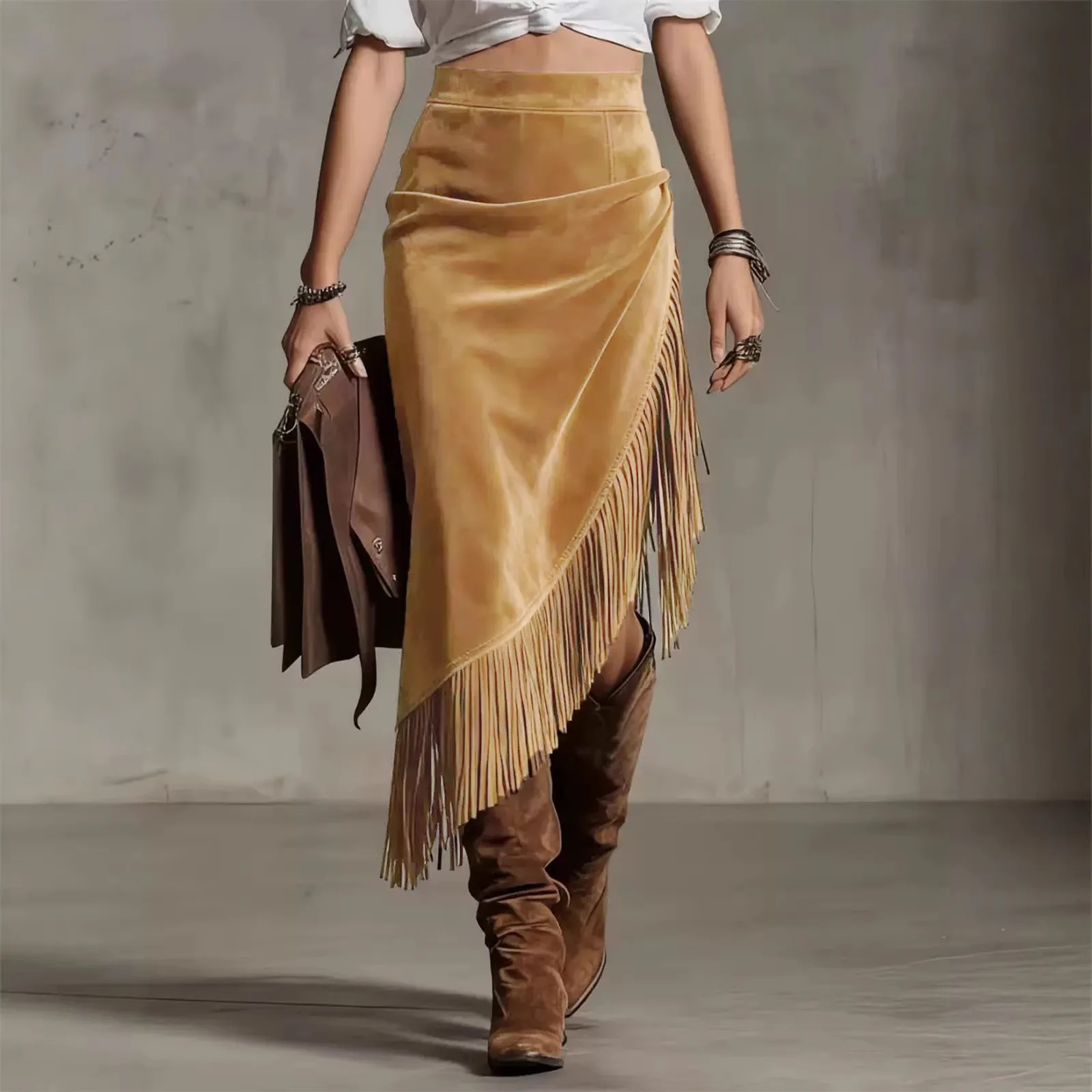 Europäischer und Amerikanischer Retro-Stil Einfarbiger Quasten-Midirock mit Hoher Taille und Asymmetrischem Saum aus Wildleder