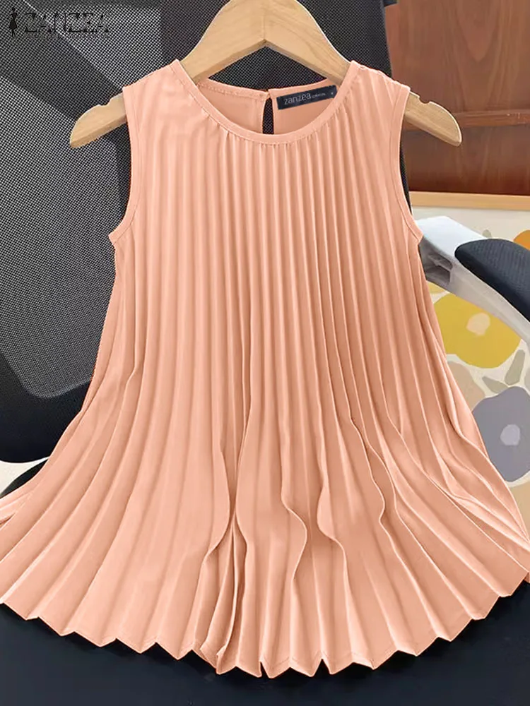 ZANZEA Summer O-neck Beach Tank Tops Women Korean Sleeveless Pleated Tanks 2024 Fashion Casual Loose Tunic Sweety Holiday Camis