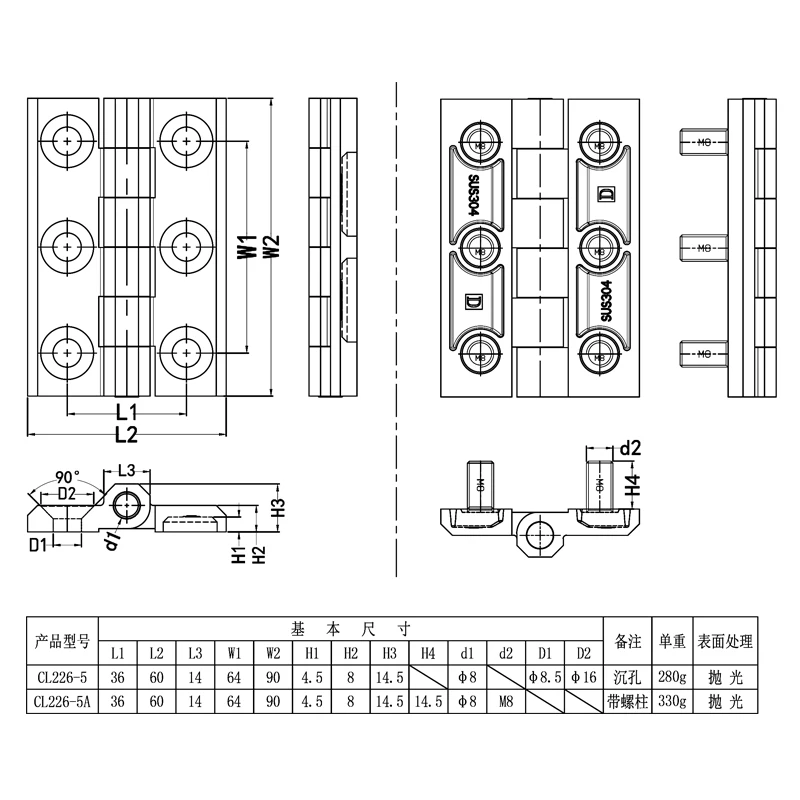 X-JINJIU-226-5 60*90 Stainless Steel Ship Equipment Food Machinery Door Hinges Distribution Box Switch Cabinet Hinge