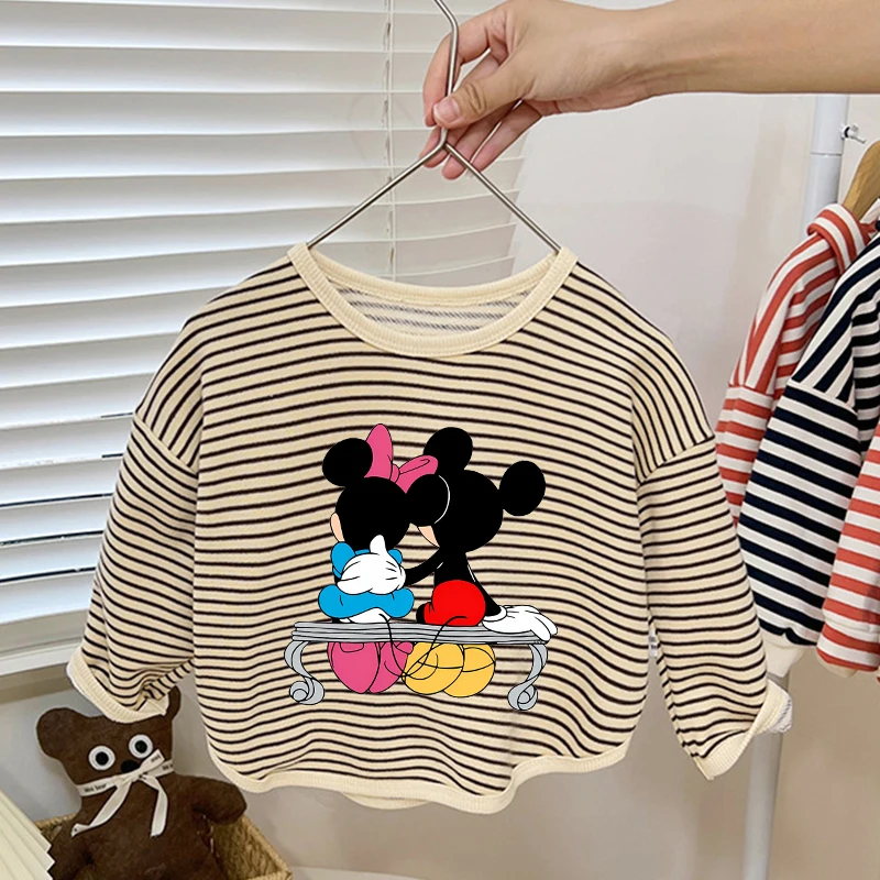 Mickey Minnie Mouse T-shirt for Girl Boy Long Sleeve Striped Tee Shirt Cute Toddler Fall Pullover Cartoon Printed Kids Tee Tops