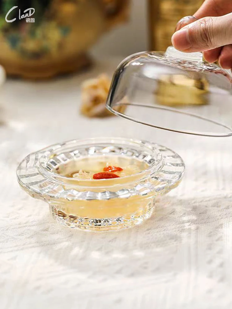 

glass bowl with lid transparent and creative snow fungus broth dessert sugar water bowl dessert Chinese suit
