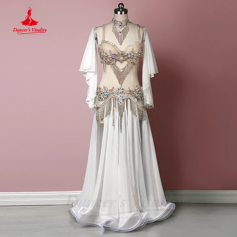 

Belly Dance Performance Clothes Stones Tassel Bra+necklace+sleeves+skirt 3pcs Customsized for Women Child Bellydancing Outfit