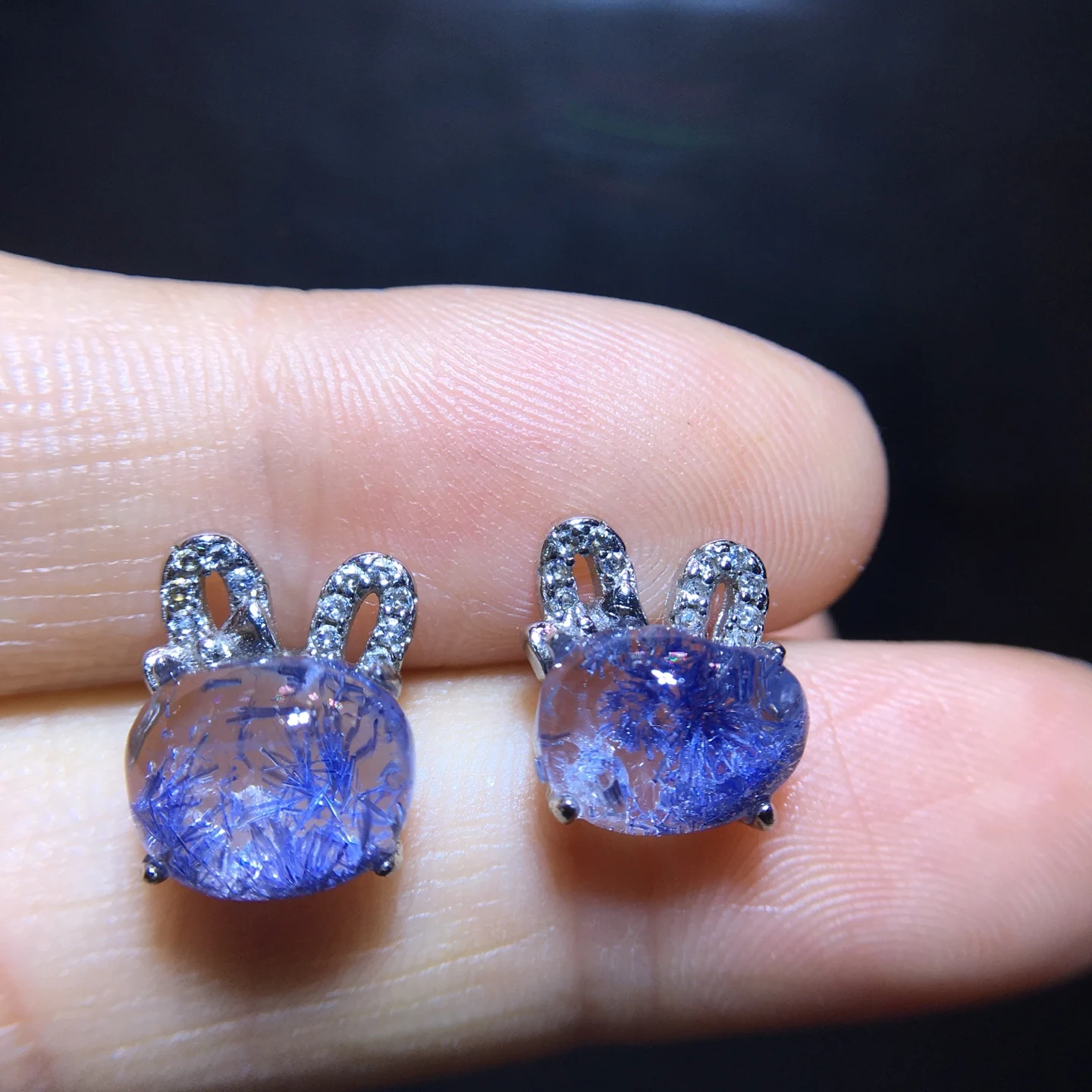 Natural Blue Rutilated Dumortierite Earrings Rabbit 9.4/7.8mm  Women Men 925 Sterling Fashion Earring AAAAA