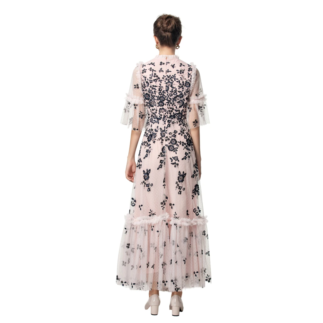 Vestido feminino o pescoço meia manga bordado em camadas floral elegante festa de formatura vestidos