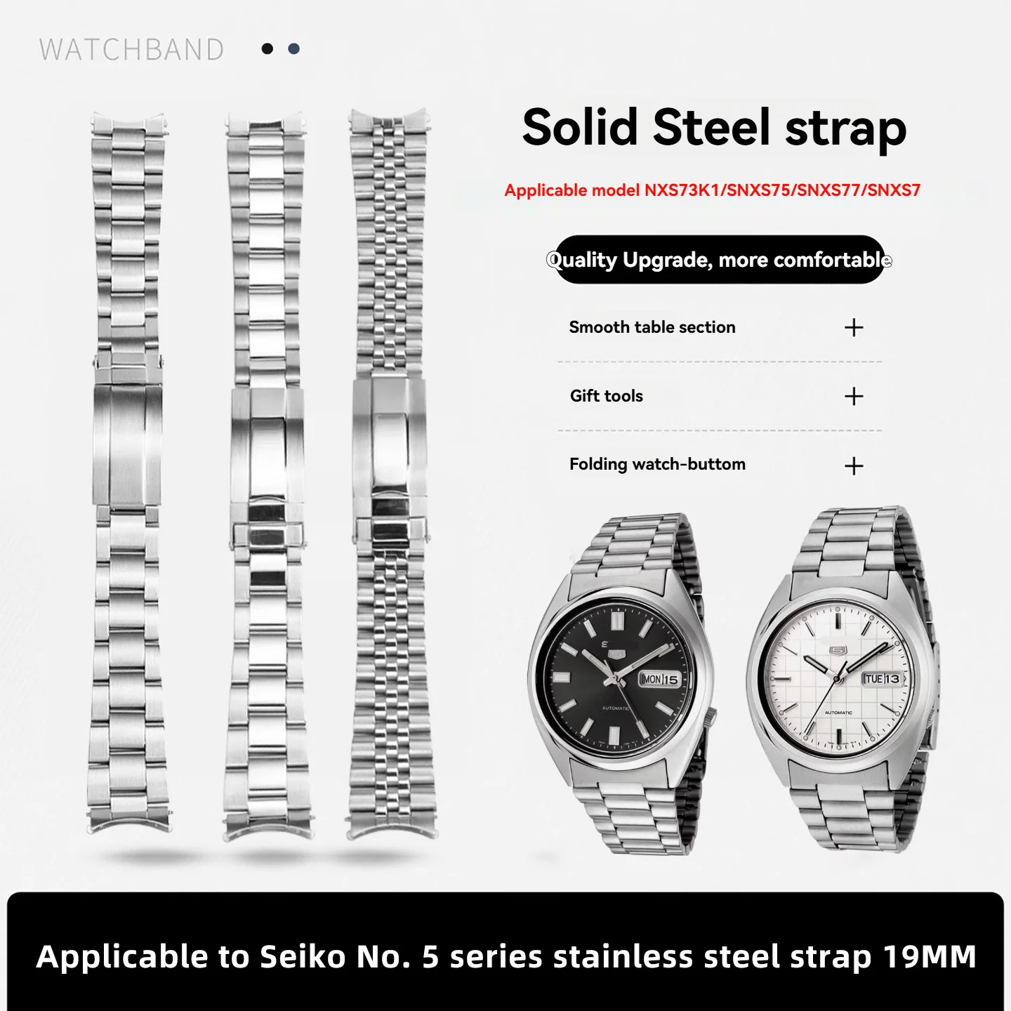 19mm Curved End Stainless Steel Strap For Seiko No. 5 Diving Sxns80 Snxs79 Snxs79k Snxs77 Series for Tissot T41 T006 Watchband