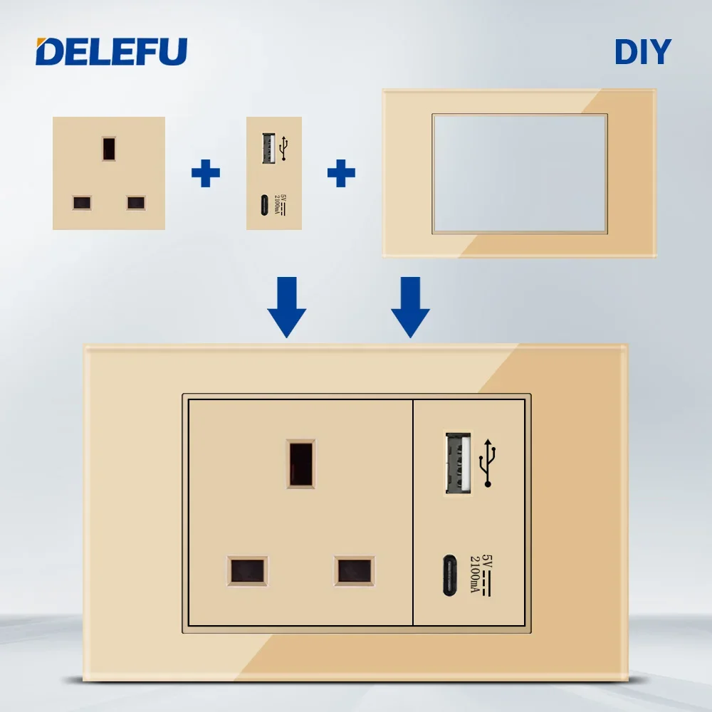DELEFU English, Multi-functional Free Combination Computer USB Type C Wall Socket DIY Gold
