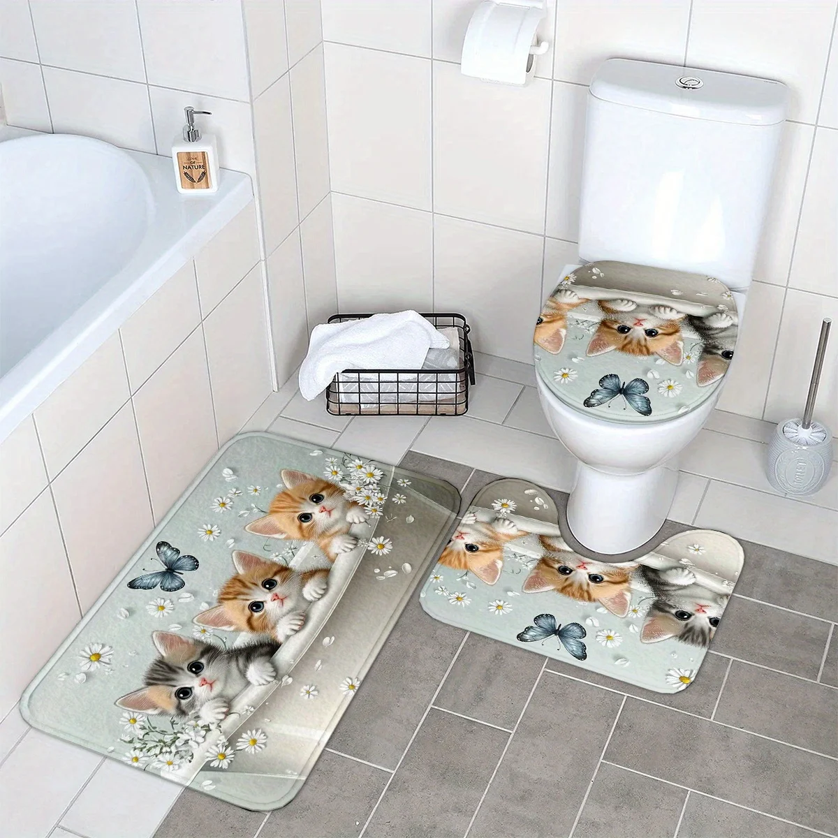 

3 шт., набор ковриков для ванной с милым котом и крышкой для унитаза + U-образный напольный коврик, нескользящий мягкий впитывающий декор