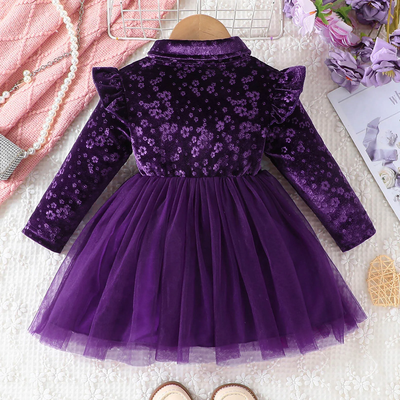 Winter 2024 Baby Girls Dress Long Sleeve Turn-down Collar Blue Bow Flower Print Girls Cute Fashion Look Birthday Party Dresses