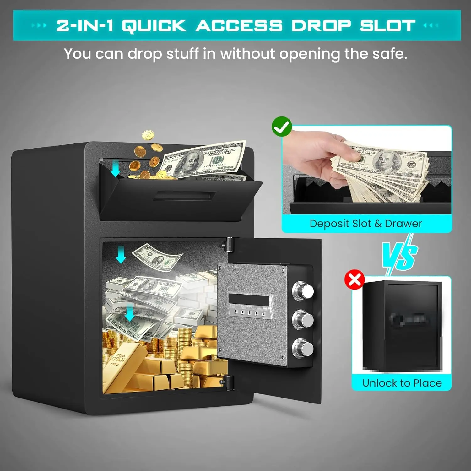 2.0 Cub Biometric Safe Box, Large Home Safe with Drop Slot, Drop Box with Backlit Touch Screes Keypad and Mute Function, Heavy D
