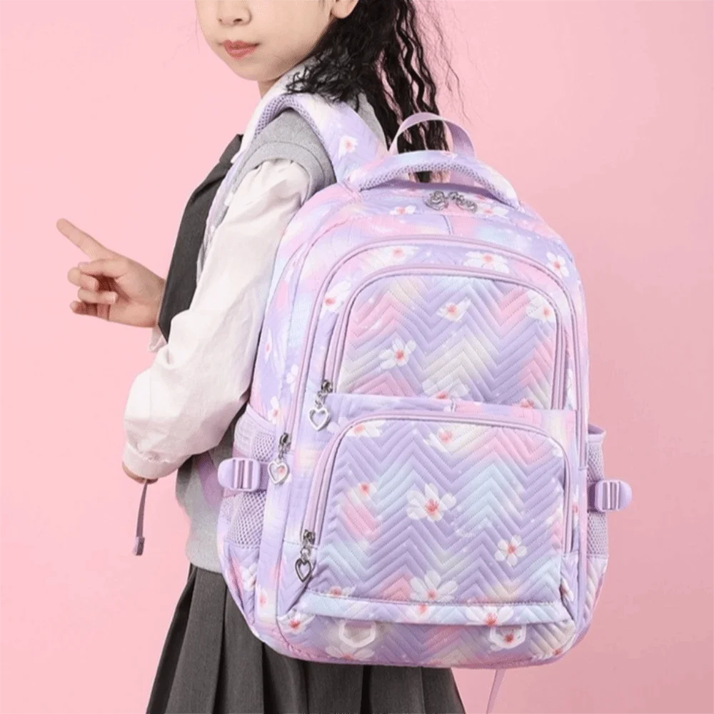 カジュアルな花柄プリントの子供用バックパック、ナイロン製、多ポケット、ショルダーバッグ、大容量、原宿風、学生用スクールバッグ、旅行用
