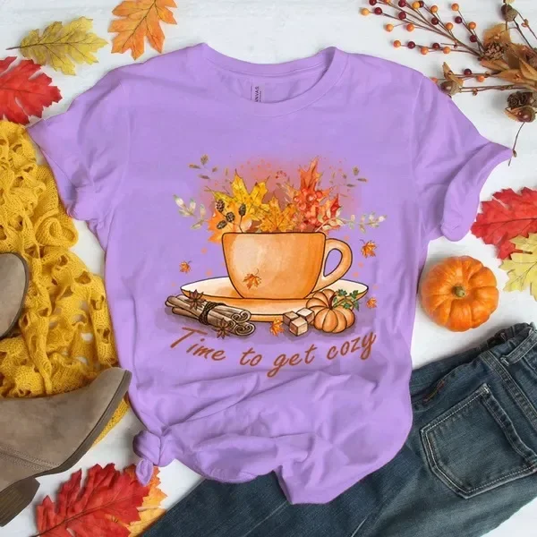 Amazon Wish-Camiseta de manga corta con cuello redondo para mujer, Top con cuello redondo, patrón de estampado de café, Día de Acción de Gracias, compra especial, venta rápida