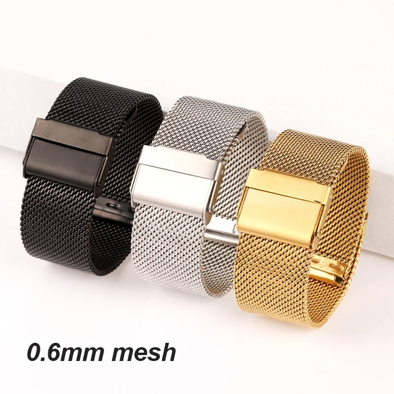 1.0mm 0.6mm Milanese Mesh Bracelet for Seiko Smartwatch Stainless Steel Wristband for Rolex Universal Double Safety Buckle Strap