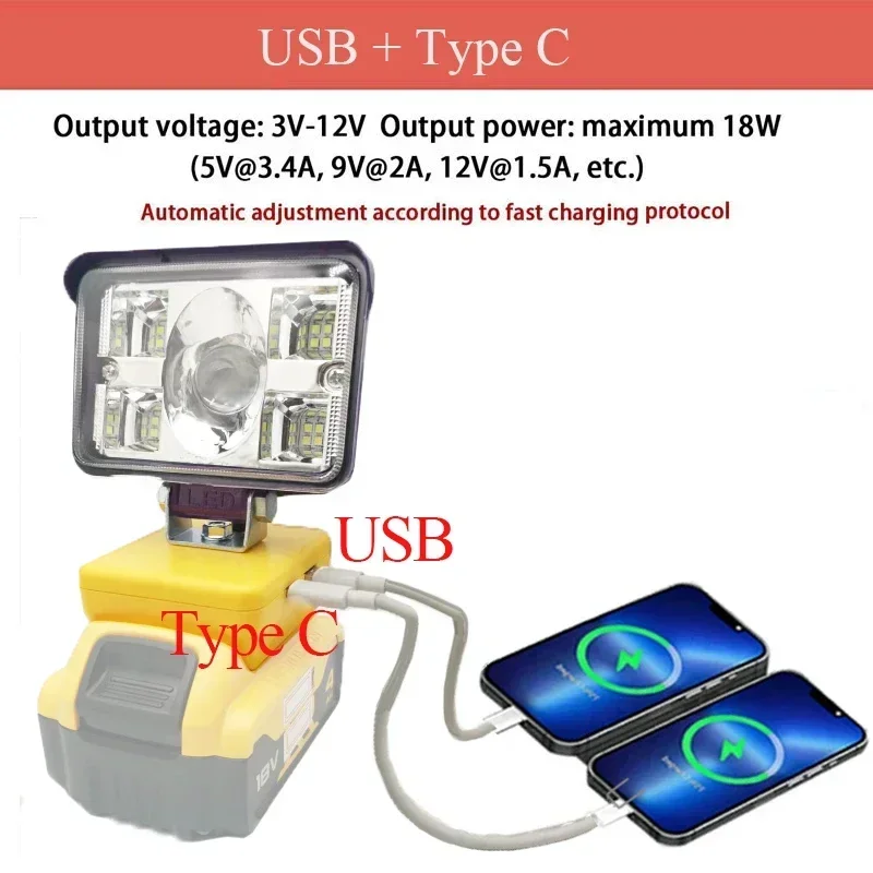 Lampada da lavoro a LED per auto con obiettivo grande da 3 pollici Torcia leggera Tipo C USB Power Bank per Makita Per DeWalt Per Bosch Per Milwaukee 18V Batteria