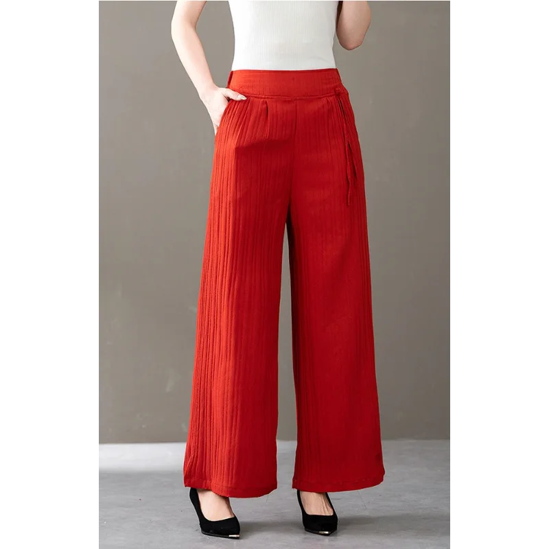 Nieuwe Chinese Stijl Reliëf Wijde Pijpen Temperament Negen-Punt Vrouwen 2025, Nieuwe Elastische Hoge Taille Gesp Casual Broek