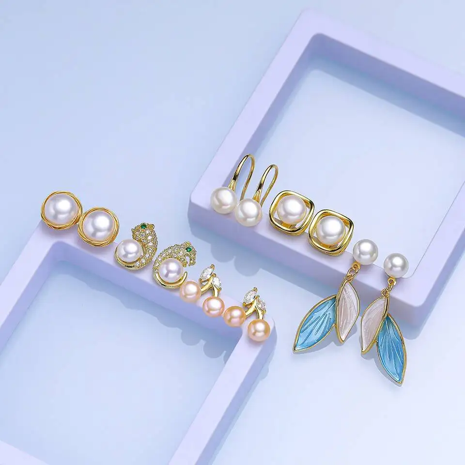 6MM Süßwasserperlen Ohrringe für Frauen Schmuck Geschenk Großhandelspreis Blumen geometrische Form