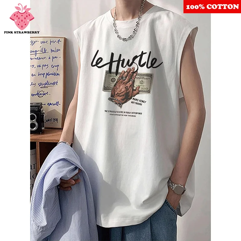 

American Street dollar Print Sports Vest Men Summer New 100%Cotton Sleeveless Vest Tee Fitness Swimm Run Vest Quick Dry Y2k Top
