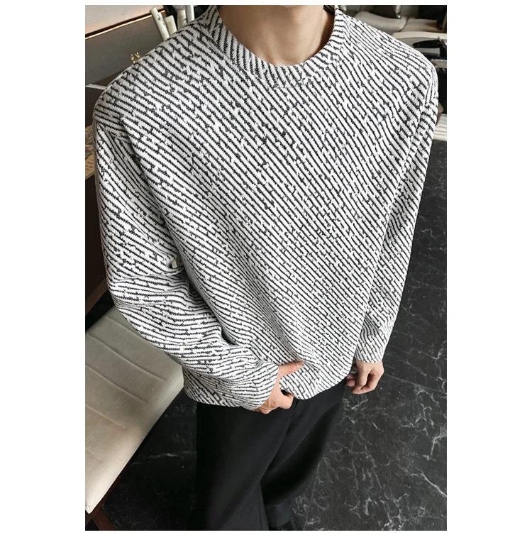 Herren-Loose-Fit-Oblique-Textur-Strickoberteil mit langen Ärmeln, Rundhalsausschnitt, luftigem Stoff für Bürofahrten und Freizeitanlässe. – Detail 14