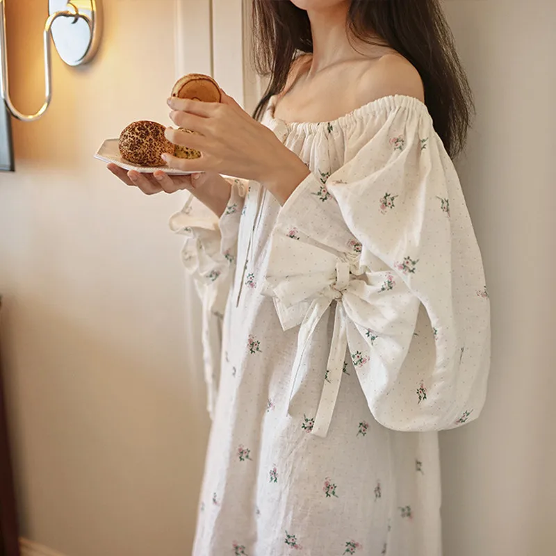 Women Sweet Printed Full Sleeves Nightdress French Sexy Loose Long Mid-Calf Nightgowns 100% Cotton Comfortable Sleepwear Nightie