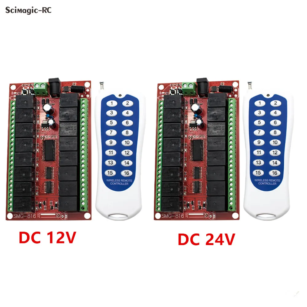 모터 LED 경적 스위치용 RF 무선 리모컨 스위치, 16 채널 송신기 리시버 모듈, DC 12V, 24V, 16 채널, 433MHz