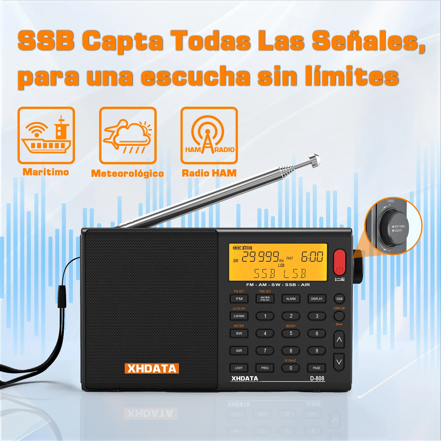 Radio XHDATA D808 Profesional AM FM Onda Corta LW Aeronautico SSB RDS Receptor Multibanda Portable con Sonido Estereo Alta Calidad Larga Distancia Bateria Recargable Luz Nocturna Mejor Regalo