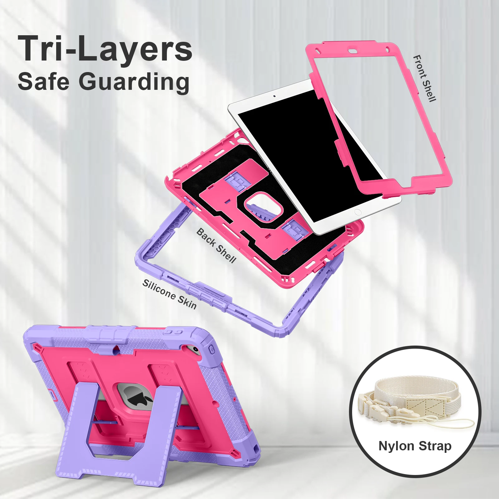 Larger Stand Hybrid Case For iPad 10.2 7th 8th 9th Generation 2019 2020 2021 Heavy Duty Multi Viewing Cover With Shoulder Strap