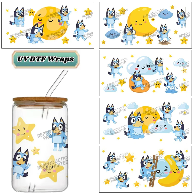 Cute Cartoon Blue Heeler Dog UV DTF Wraps Moon & Star Stickers for 16oz Glass Cans Waterproof DIY Transfer Decals