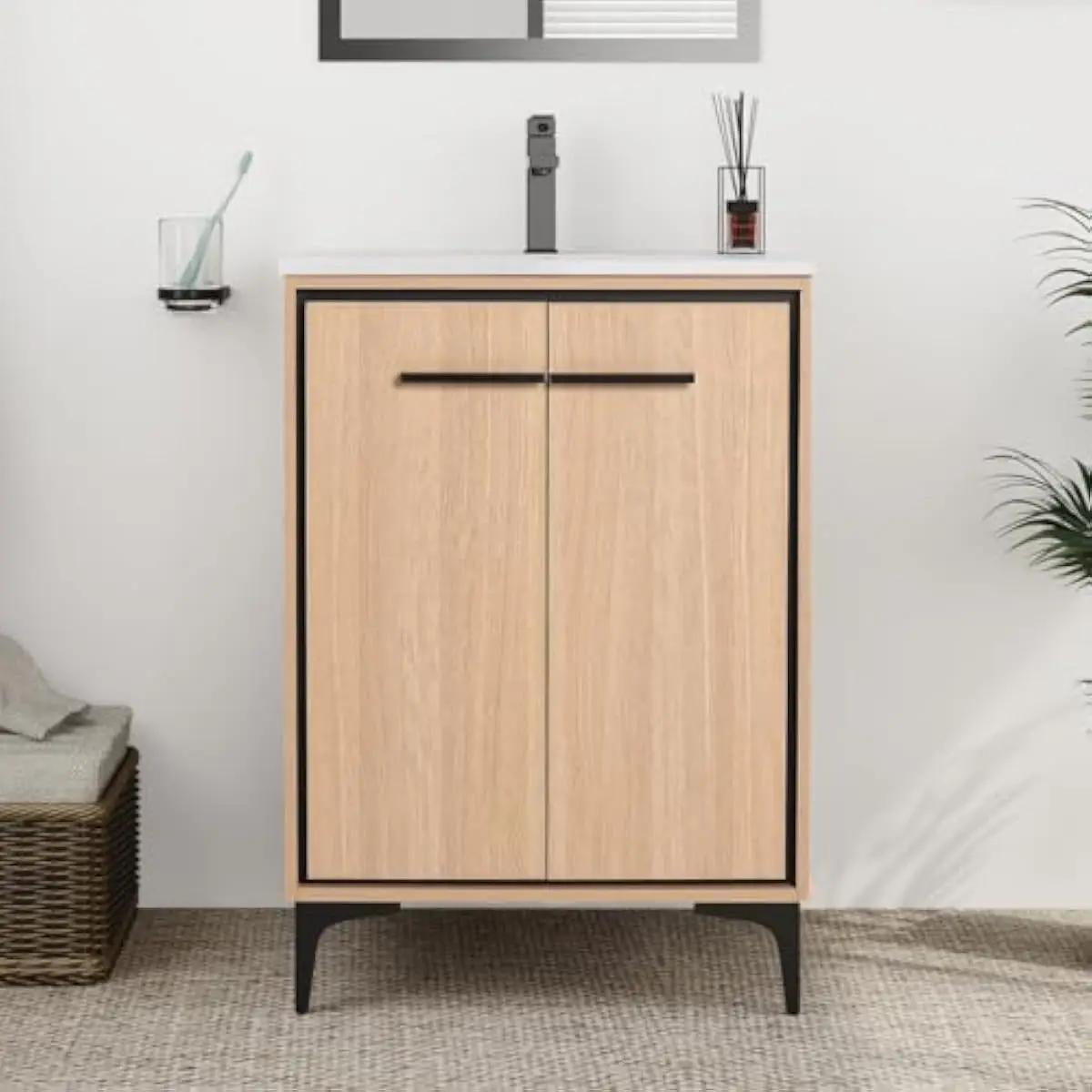 24 Inch Freestanding Bathroom Vanity Set with Integrated Ceramic Sink • Soft-Close Cabinet Doors • Adjustable Interior Shelf • M