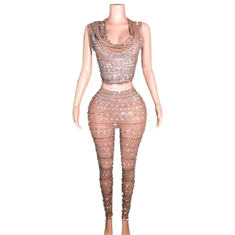 

Sexy net clothes, European and American style women's clothing, perspective stage clothes, shiny stickers and diamonds, hooded.