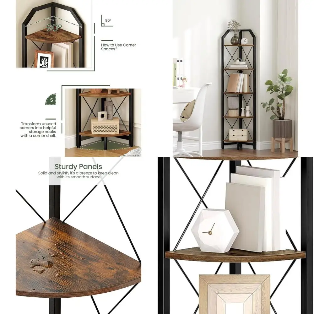 

5-Tier Corner Bookshelf, Industrial Style, Rustic Brown & Black, Storage and Display for Home Office