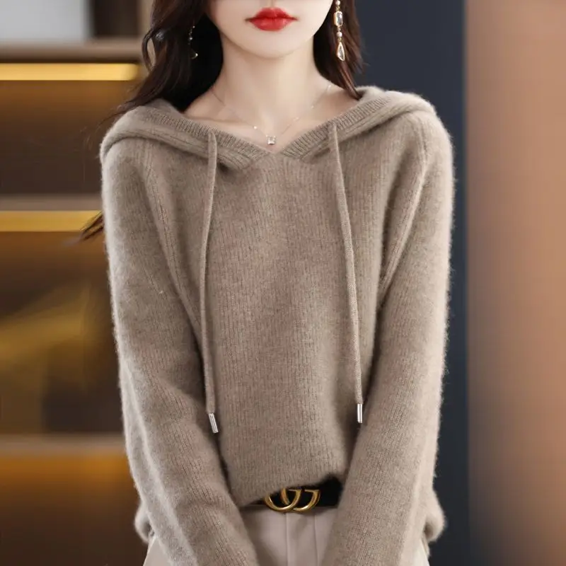 Suéter con Capucha, Moda Coreana para Mujer, Otoño, Manga Larga, Tejido de Punto, Color Gris, Verde, Morado, Beige, Azul, Rojo