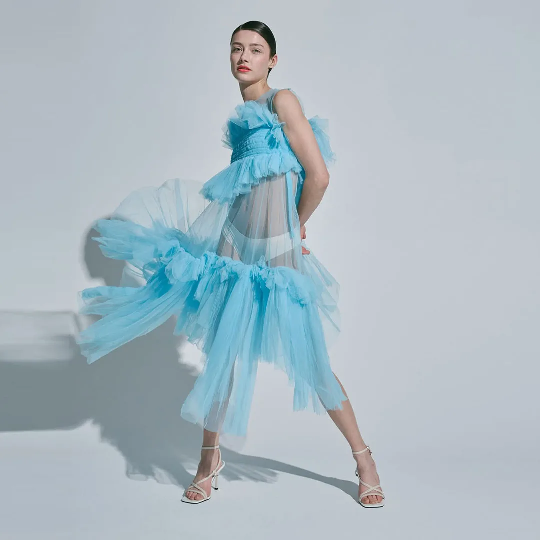

Couture Sky Blue Ruffled Tulle Dresses Women Sexy See Thru Sheer Mesh Long Party Dress Sleeveless Tea-length vestidos de fiesta
