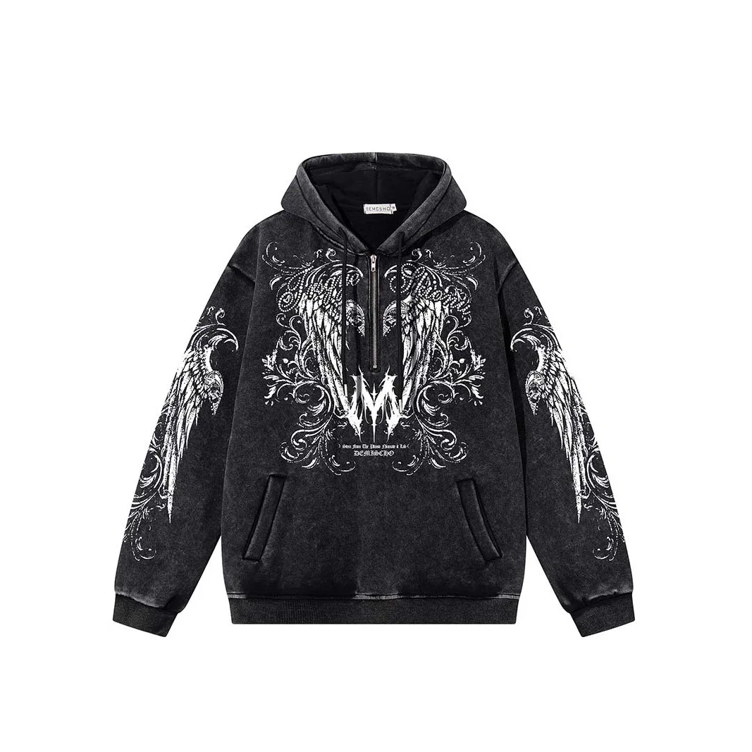 Men's Fashion Oversized Hip Hop Hoodies Washed Vintage Printed Sweatshirt Retro Hooded Pullover Hoody For Male Painted Tops