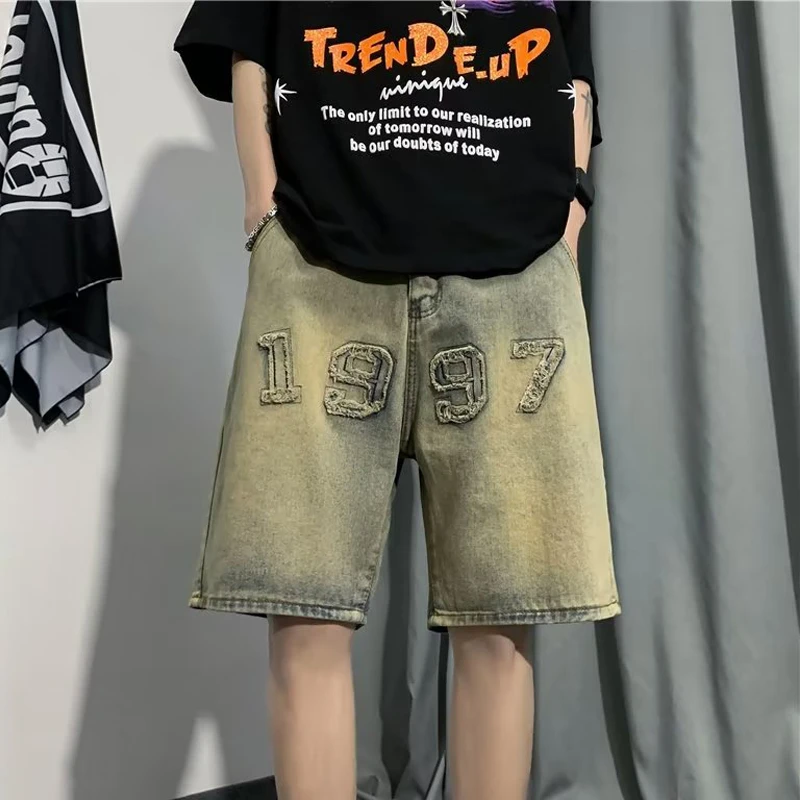 

2024 Summer Men Vintage Streetwear Denim Shorts Male High Waist Knee Length Pabts Mens Wide Leg Baggy Cargo Short Pants F67