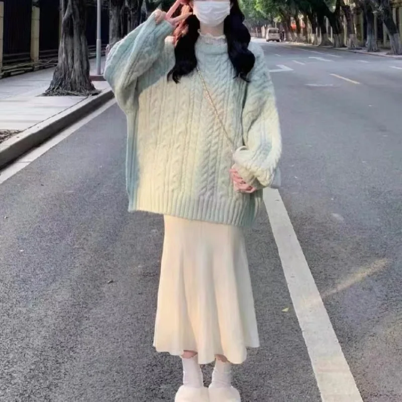 

Loose Pullover Elegant O-Neck Thick Knitted Sweater 2023 Autumn Fashion Solid Color Casual Street Women's Large Coat Top F405