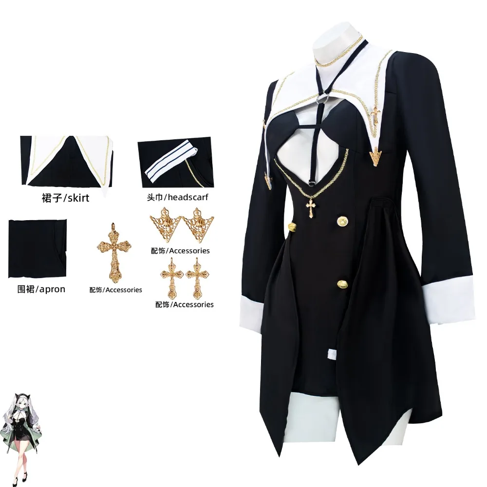 Frieren Beyond Journey's End Frieren Nun Cosplay Black Dress Headpiece Coat Full Set Adult Women Halloween Comic Con Outfit view 5