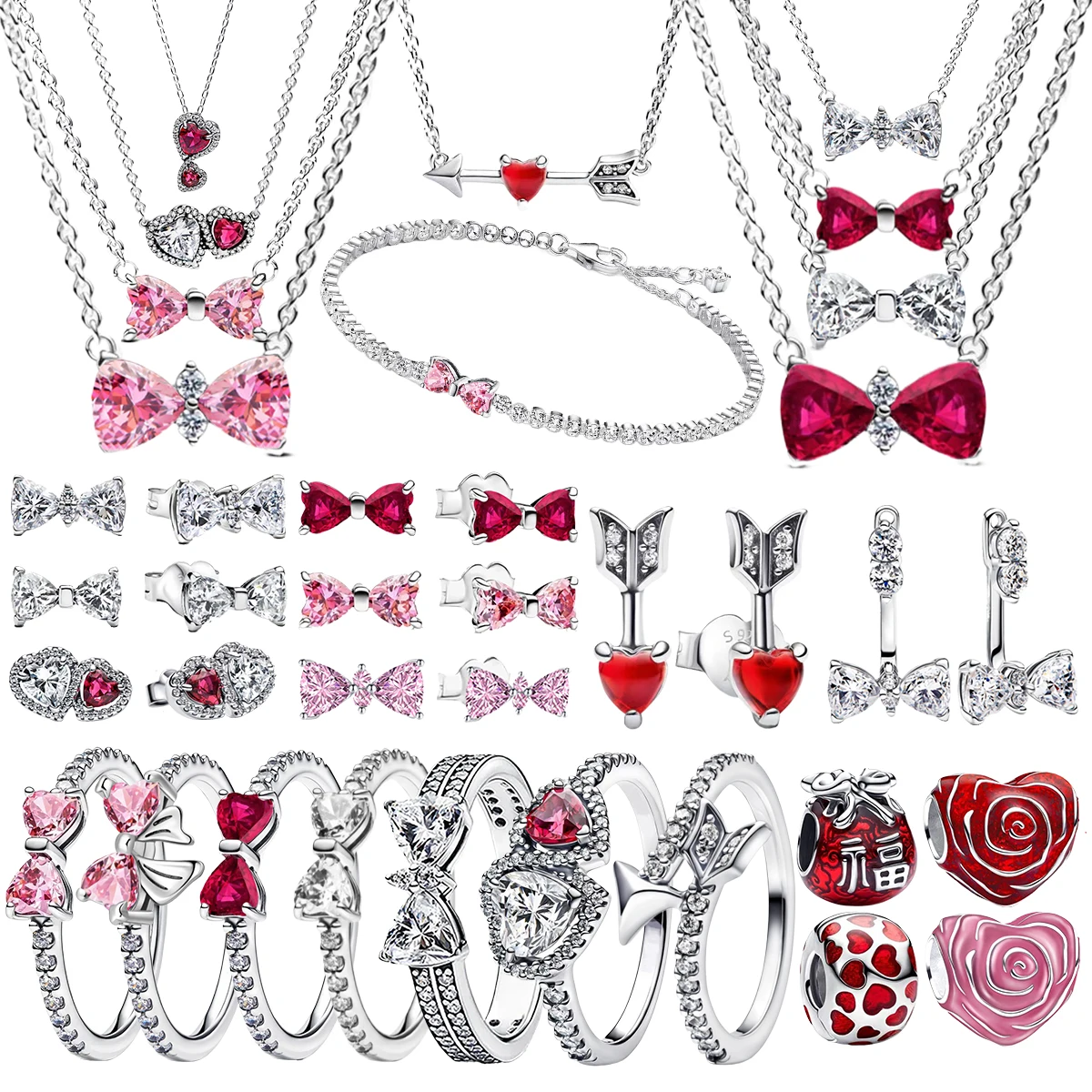 

Оригинальный комплект из стерлингового серебра 925 пробы с красочным бантом, кольцо, ожерелье, серьги с кристаллами для женщин, подарок на день Святого Валентина, ювелирные изделия своими руками