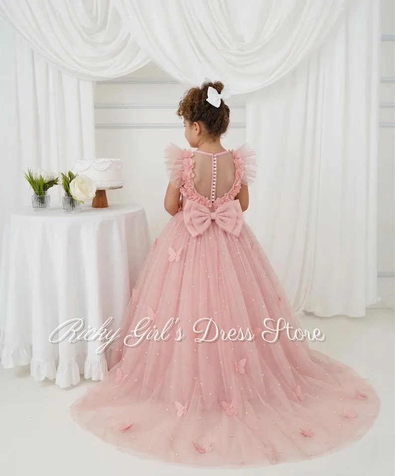 Butterfly Tulle Blush Pink Flower Girl Dress For Wedding Special Occasion 3d Flowers Backless Long Princess Ball Gown Custom
