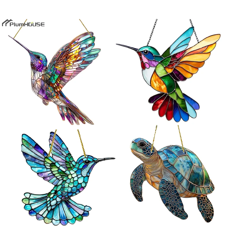 Великолепный кулон «Ловец солнца» с колибри, акриловый витраж «Ловец солнца», колокольчики с птицами, подвесное украшение на окно для дома и сада