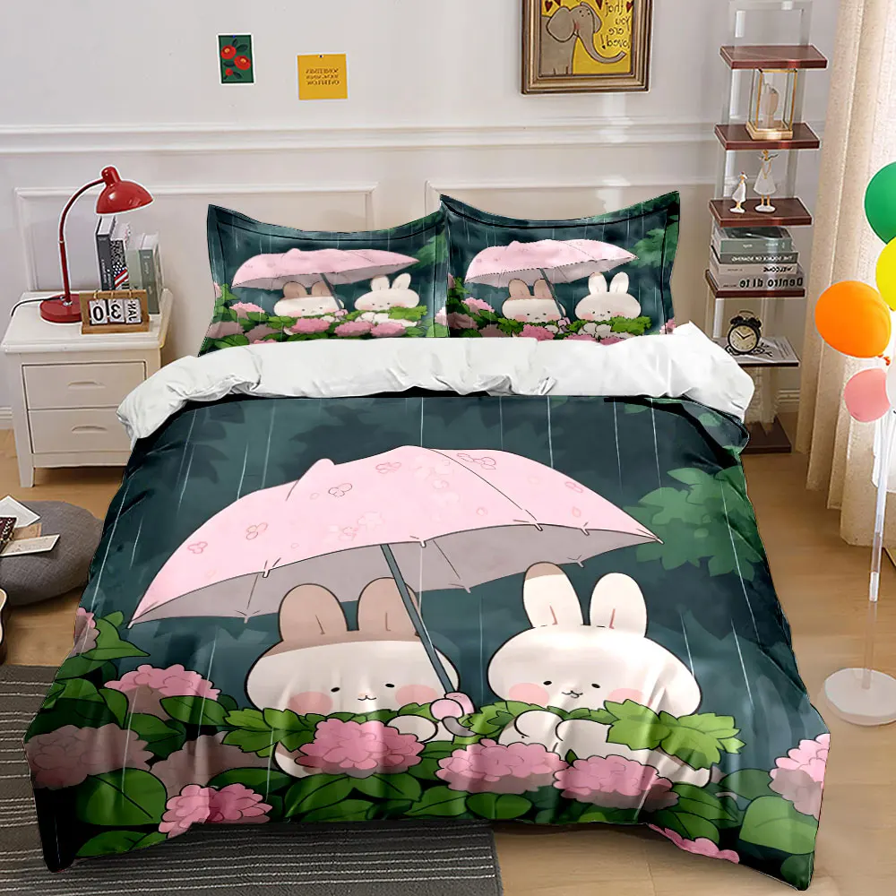 

Cute Rabbit Decor Set - Rainy Scene Bedding Set with 1 Duvet Cover 2 Pillowcases Single Double King Queen, Gift